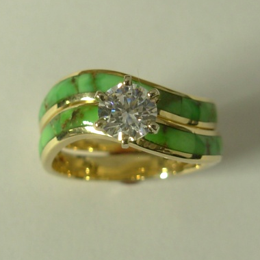 14 karat yellow gold wedding set with 1:2 carat round Diamond and Natural Green Turquoise