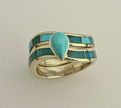 14 karat yellow gold wedding set with natural Turquoise inlay and a natural Turquoise center stone