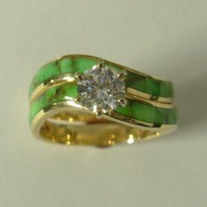 14karat-yellow-gold-wedding-set-with-.50-carat-round-Diamond-and-Natural-Green-Turquoise-by-Southwest-Originals-505-363-7150.
