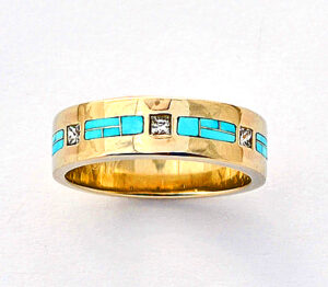 Mens or Ladies Gold Diamond and Turquoise Wedding Band