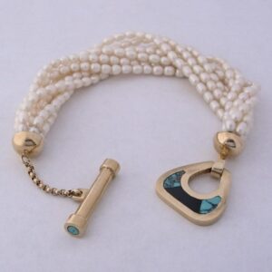 Fresh Water Pearl Bracelet with Gold Clasp with Inlay Turquoise by Southwest Originals 505-363-7150