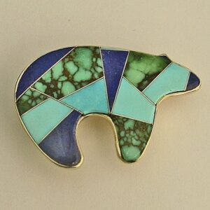 Gold Bear Pin - Pendant with Inlayed Turquoise by Southwest Originals 505-363-7150