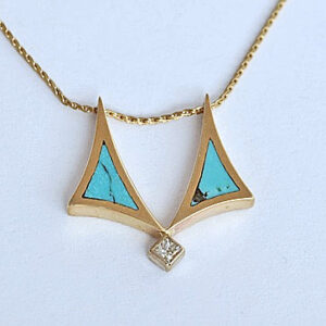 Gold Pendant With Diamond and Turquoise Inlay On A Gold Chain