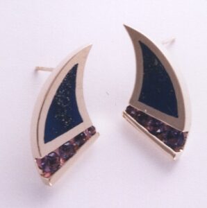 Gold Earrings With Amethyst and Lapis Inlay by Southwest Originals 505-363-7150