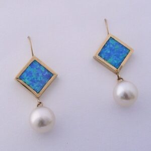 Gold Earrings With Pearl and Blue Lab Opal Inlay by Southwest Originals 505-363-7150