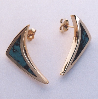 Gold Earrings With Turquoise Inlay by Southwest Originals 505-363-7150