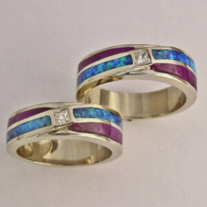Gold Ladies Ring With Purple Sapphire and Turquoise Inlay