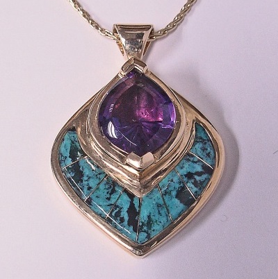 Gold Pendant with Amethyst and Turquoise Inlay by Southwest Originals 505-363-7150
