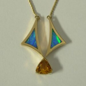 Gold Pendant with Citrine and Lab Blue Opal on Chain by Southwest Originals 505-363-7150