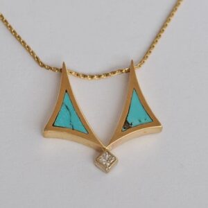 Gold Pendant with Diamond and Turquoise Inlay on Gold Chain by Southwest Originals 505-363-7150