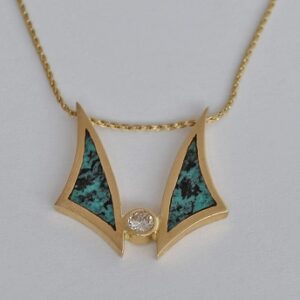 Gold Pendant with Diamond and Turquoise Inlay on Gold Chain by Southwest Originals 505-363-7150