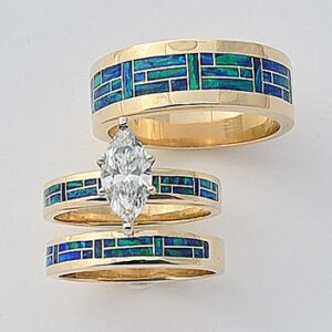 Gold Trio Wedding Set With a Marquise Diamond by Southwest Originals 505-363-7150