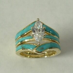 Gold Wedding Set with Natural Turquoise Inlay and Featuring a Marquise Center Stone by Southwest Originals 505-363-7150