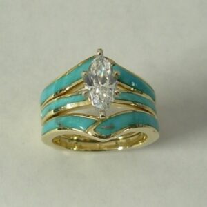 Gold Wedding Set with Natural Turquoise Inlay and Featuring a Marquise Center Stone by Southwest Originals 505-363-7150