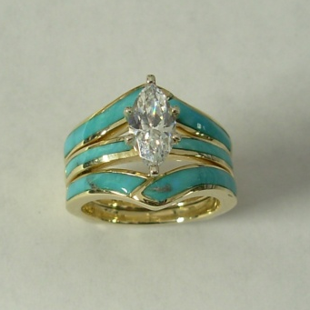 Gold Wedding Set with Natural Turquoise Inlay and Featuring a Marquise Center Stone