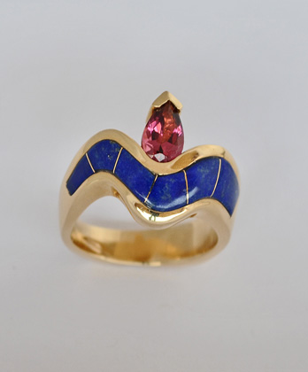 Gold and Pink Tourmaline Ring with Lapis Inlay