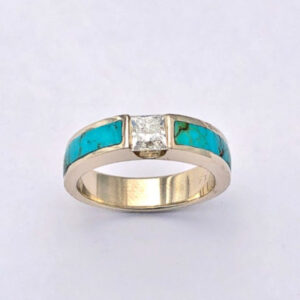 Gold and Turquoise Engagement Ring with Channel Set Diamond
