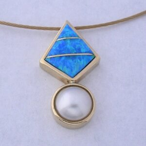 Golden Pendant with Mabe Pearl and Lab Blue Opal Inlay by Southwest Originals 505-363-7150