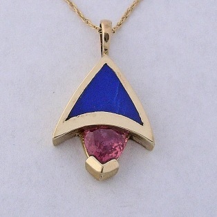 Golden Pendant with Pink Tourmaline and Lapiz Inlay by Southwest Originals 505-363-7150