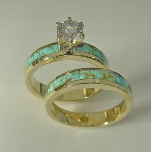 Ladies 14 karat yellow gold wedding set with natural Turquoise inlay & .5 carat round diamond by Southwest Originals 505-363-7150