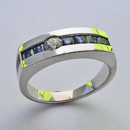 Men's White Gold Ring with Sapphire and Sugalite Inlay