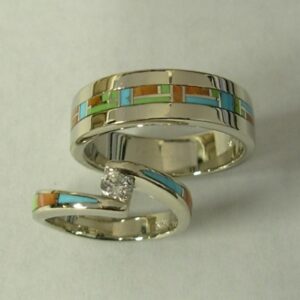 Mens and Ladies 14 Karat White Gold Wedding Set with Multi Color Inlay and Diamond by Southwest Originals 505-363-7150