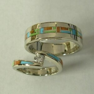 Mens-and-Ladies-14-Karat-White-Gold-Wedding-Set-with-Multi-Color-Inlay-and-Diamond-by-Southwest-Originals-505-363-7150