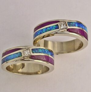 Mens and Ladies Wedding Bands with Diamond, Lab Opal, and Sugalite Inlay Southwest Originals 505-363-7150