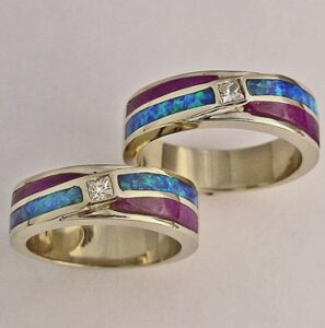 Mens-and-Ladies-Wedding-Bands-with-Diamond-Lab-Opal-and-Sugalite-Inlay-by-Southwest-Originals-505-363-7150