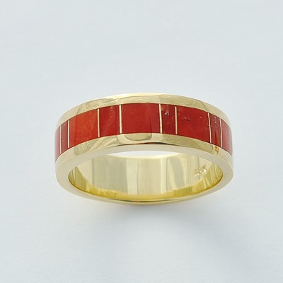 Mens or Ladies 18 Karat Gold and Coral Inlay Band by Southwest Originals 505-363-7150