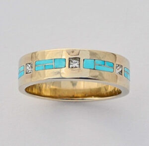 Mens-or-Ladies-Gold-Diamond-and-Turquoise-Wedding-Band-by-Southwest-Originals-505-363-7150