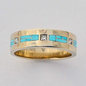 Mens or Ladies Gold Diamond and Turquoise Wedding Band by Southwest Originals 505-363-7150