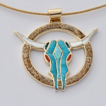 Steer Skull Pendant with Turquoise Inlay by Southwest Originals 505-363-7150