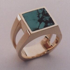 Yellow Gold Men's Ring with Turquoise Inlay Southwest Originals 505-363-7150
