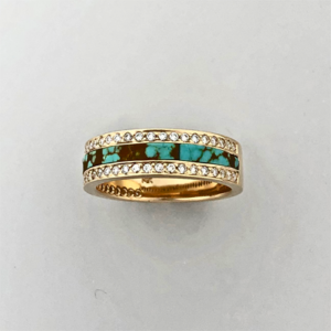 14 karat yellow gold ring with Diamonds  band Turquoise inlay by Southwest Originals Inc 505-363-7150