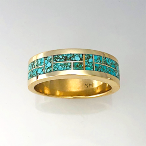 14 karat yellow Gold ring with Turquoise inlay Southwest Originals Inc 505-363-7150