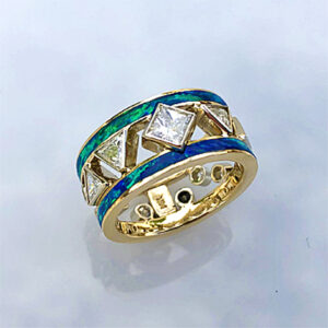 14 karat yellow and white gold ring with Diamonds and Opal inlay #G0163