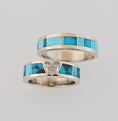 14-Karat-White-Gold-Heart-Shape-Diamond-and-Bisbee-Turquoise-Wedding-Set 14-Karat-White-Gold-Heart-Shape-Diamond-and-Bisbee-Turquoise-Wedding-Set