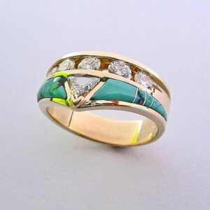 Gold Engagement Ring W/ Diamond &Turquoise #SWGR0001