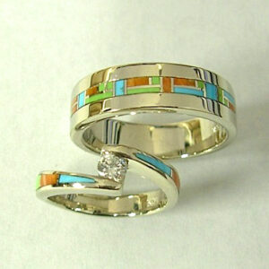 Mens and Ladies 14 Karat White Gold Wedding Set with Multi Color Inlay and Diamond