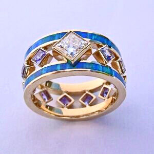Gold, Diamond, Purple Sapphire, and Opal Ring #SWE0009 by Southwest Originals 505-363-7150