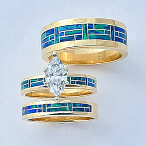 Gold, Diamond, and Cultured Opal Wedding Trio Set #SWE0010 by Southwest Originals 505-363-7150