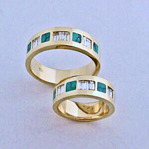 Gold Diamond and Turquoise Wedding Bands #SWE0019 by Southwest Originals 505-363-7150