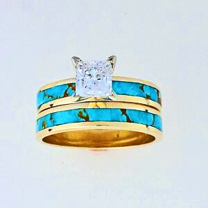 Gold, Princess Cut Diamond, and Turquoise Wedding Set #SWE0011 by Southwest Originals 505-363-7150