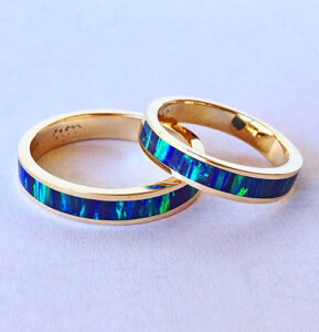 Gold and Cultured Opal Inlay Wedding Set #SWE0019 by Southwest Originals 505-363-7150