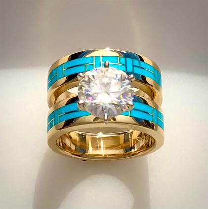 14 karat yellow gold wedding set with a 3 carat Diamond Center Stone and Turquoise Inlay.