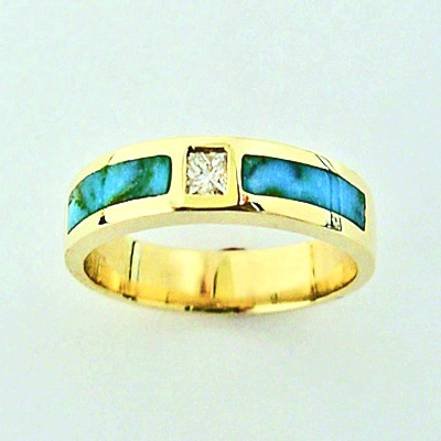 Gold Diamond and Turquoise wedding bands