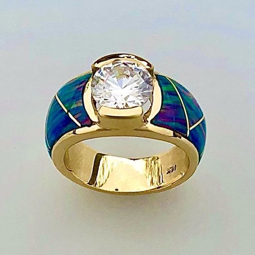 14 karat yellow Gold with Diamond and Cultured Opal Inlay by Southwest Originasl 505-363-7150