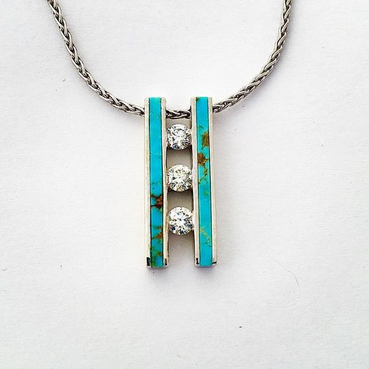 14k White Gold Pendant with Turquoise and Diamonds by Soutwest Originals