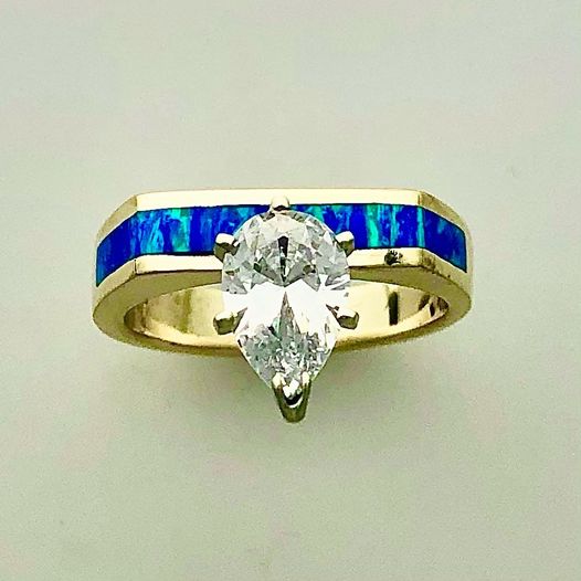 Cultured Opal Inlay with a Pear Shape Diamond in 14 karat Yellow Gold by Southwest Originals